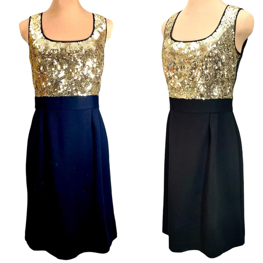 Gianni Bini Sequin Dress Size 4 Gold Embellished Black Silk Top Ponte Skirt